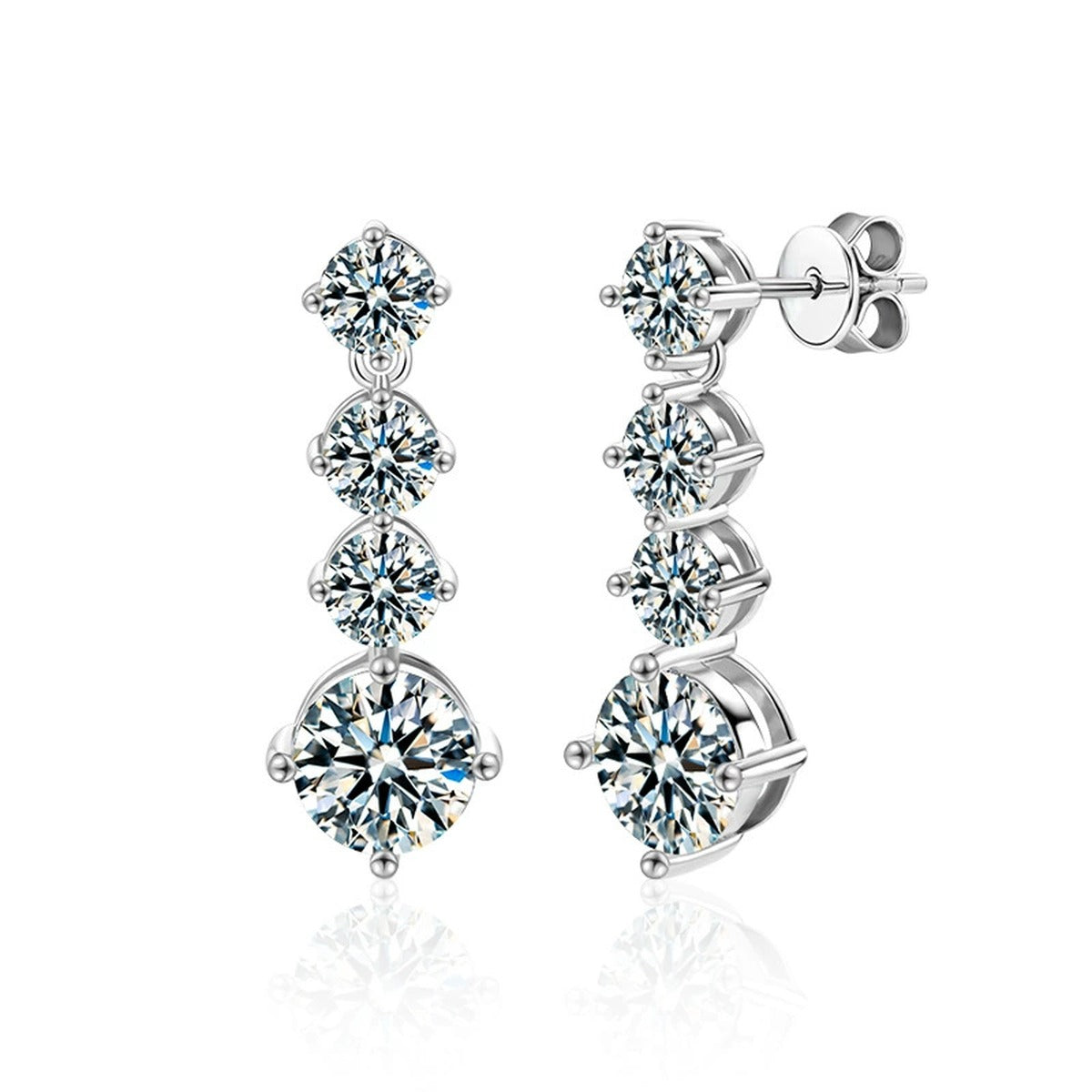 Graduated Round Moissanite Stud Dangle Earrings in White Gold-Plated S925 sterling silver white background product photo showing the pair, stone shape, and stud dangle earrings silhouette