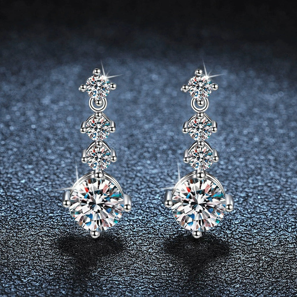 Graduated Round Moissanite Stud Dangle Earrings in White Gold-Plated S925 sterling silver product scene view showing front sparkle