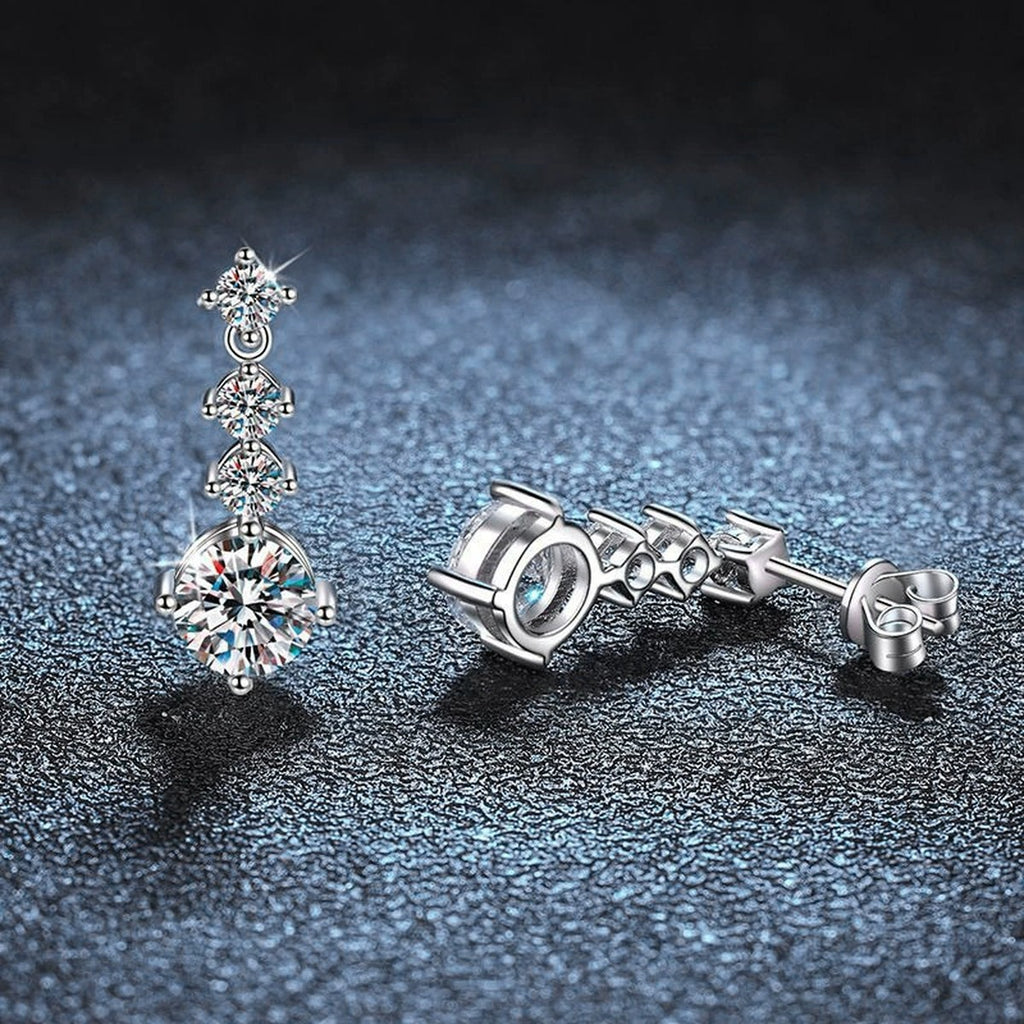 Graduated Round Moissanite Stud Dangle Earrings in White Gold-Plated S925 sterling silver product scene view showing angled setting detail