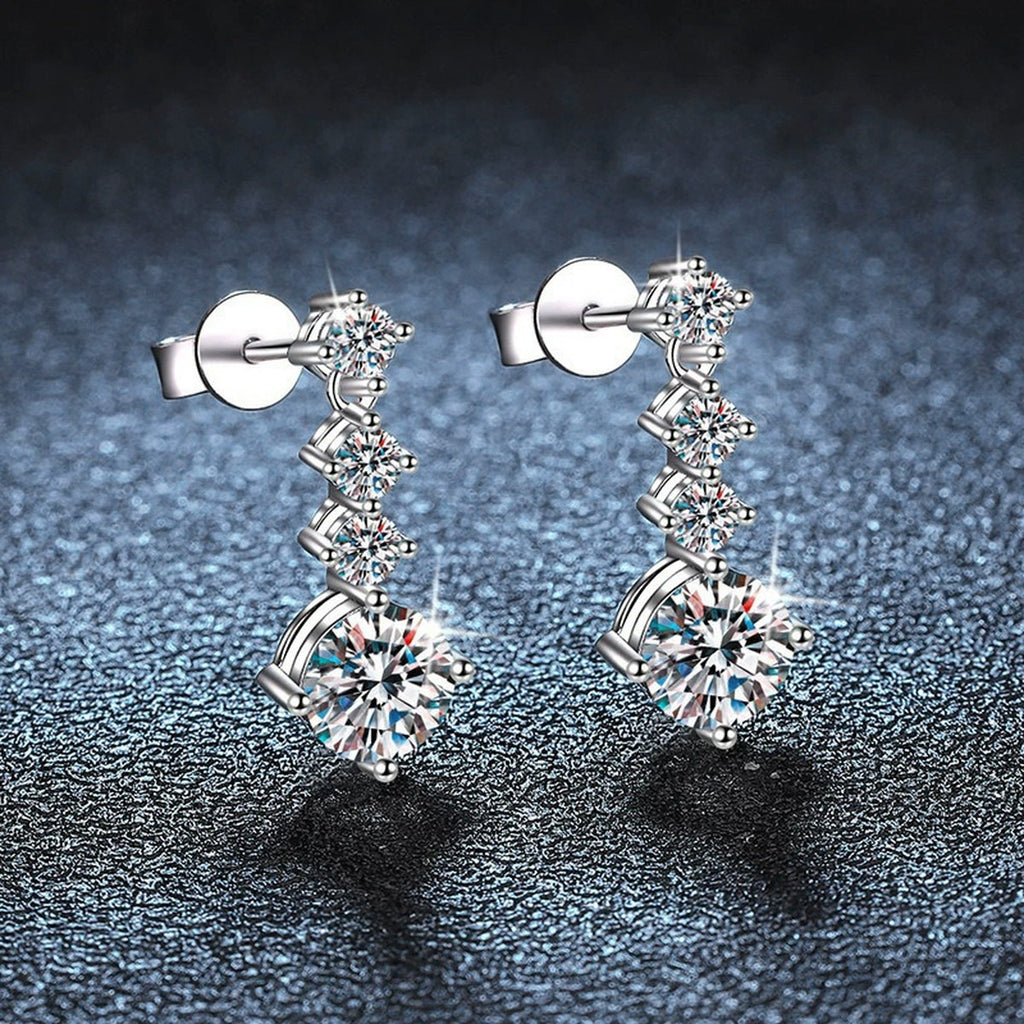 Graduated Round Moissanite Stud Dangle Earrings in White Gold-Plated S925 sterling silver product scene view showing side profile