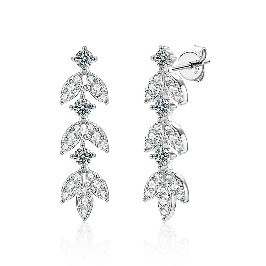 Leaf Tassel Round Moissanite Stud Dangle Earrings with CZ in White Gold-Plated S925 sterling silver white background product photo showing the pair, stone shape, and stud dangle earrings silhouette