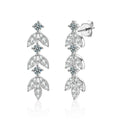Leaf Tassel Round Moissanite Stud Dangle Earrings with CZ in White Gold-Plated S925 sterling silver white background product photo showing the pair, stone shape, and stud dangle earrings silhouette