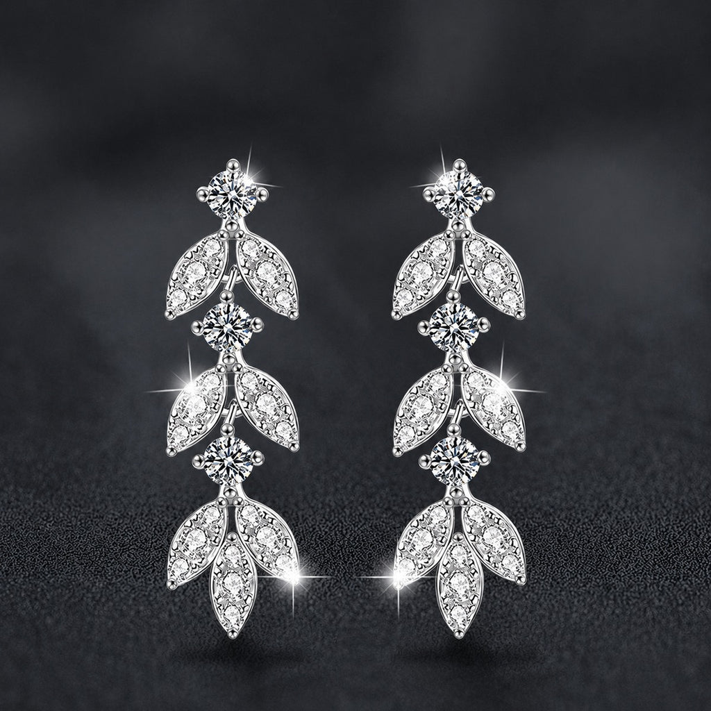 Leaf Tassel Round Moissanite Stud Dangle Earrings with CZ in White Gold-Plated S925 sterling silver product scene view showing front sparkle