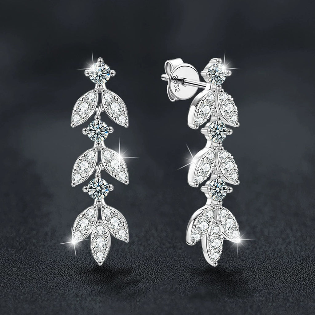 Leaf Tassel Round Moissanite Stud Dangle Earrings with CZ in White Gold-Plated S925 sterling silver product scene view showing angled setting detail