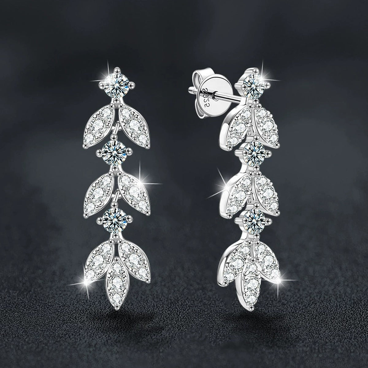 Leaf Tassel Round Moissanite Stud Dangle Earrings with CZ in White Gold-Plated S925 sterling silver product scene view showing angled setting detail