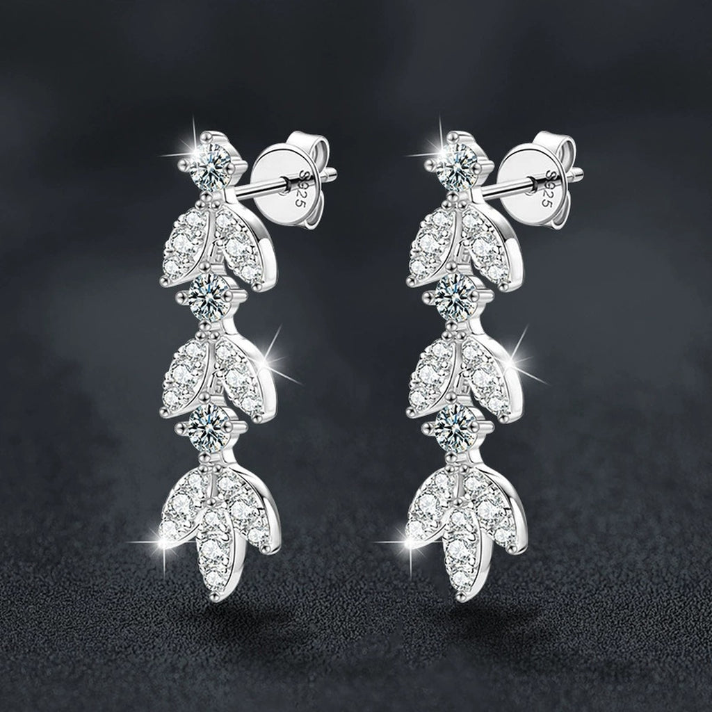 Leaf Tassel Round Moissanite Stud Dangle Earrings with CZ in White Gold-Plated S925 sterling silver product scene view showing side profile