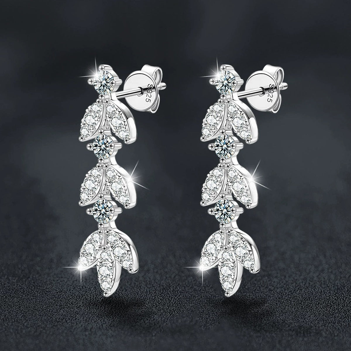 Leaf Tassel Round Moissanite Stud Dangle Earrings with CZ in White Gold-Plated S925 sterling silver product scene view showing side profile