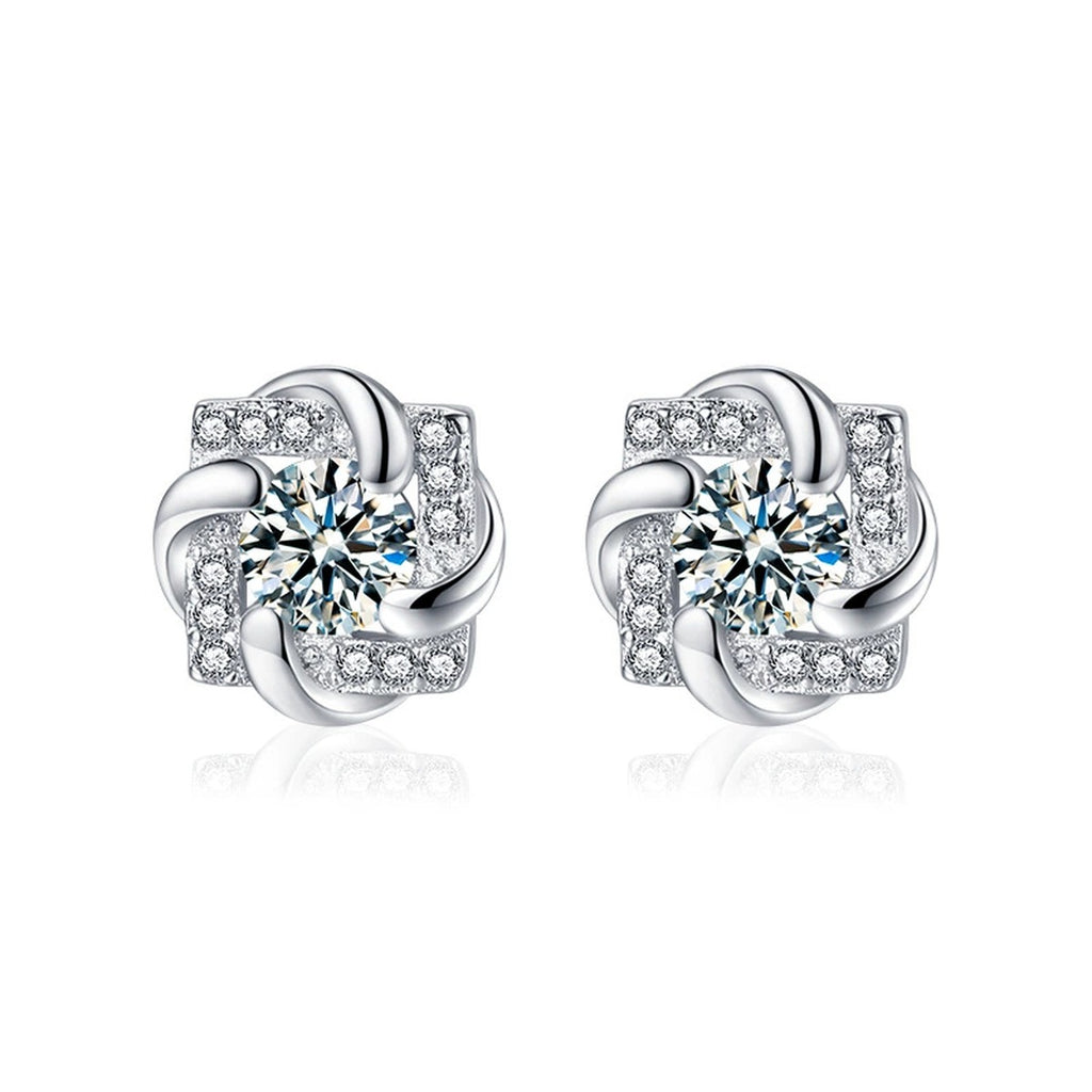 Rotating Pinwheel Round Moissanite Stud Earrings with CZ in White Gold-Plated S925 sterling silver white background product photo showing the pair, stone shape, and stud earrings silhouette