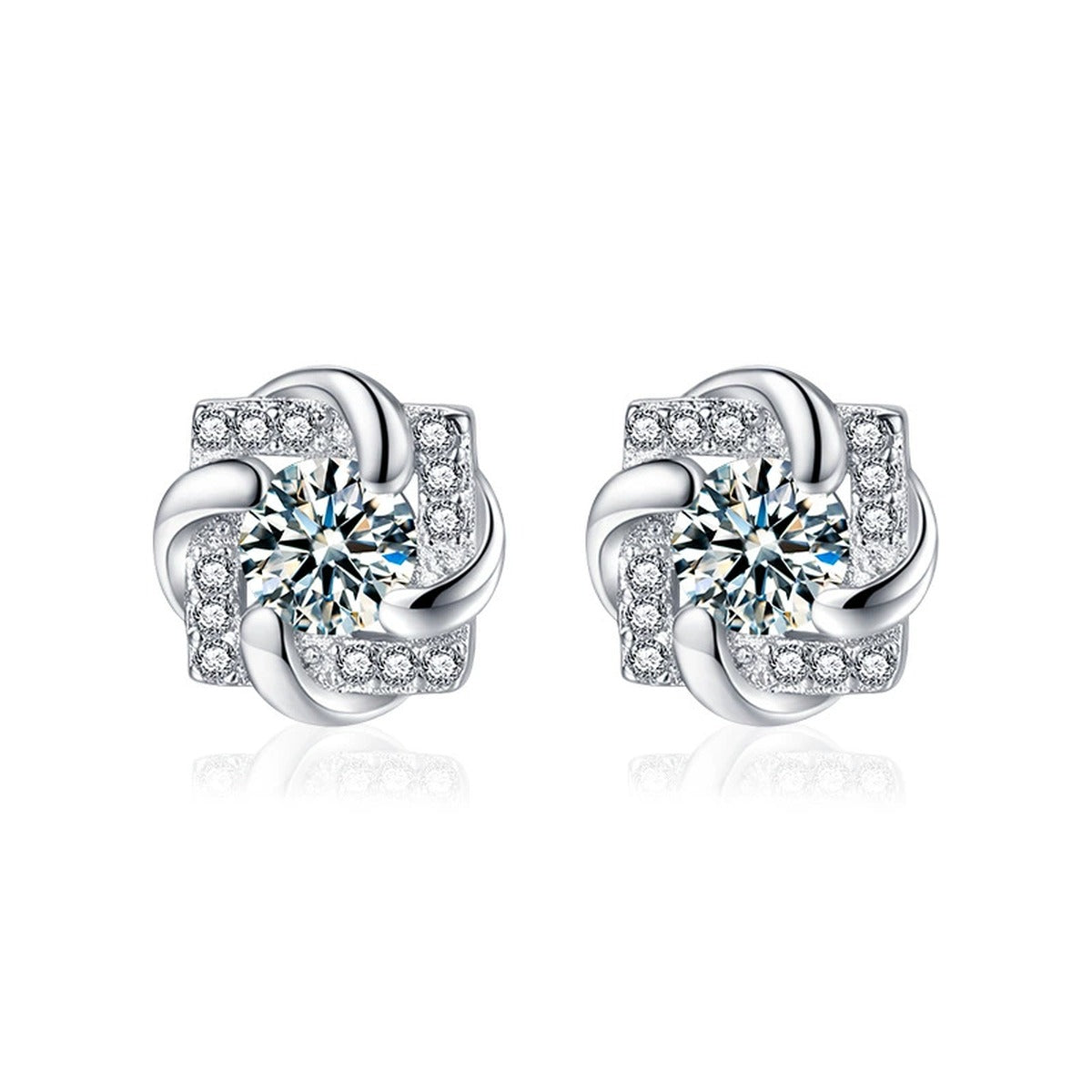 Rotating Pinwheel Round Moissanite Stud Earrings with CZ in White Gold-Plated S925 sterling silver white background product photo showing the pair, stone shape, and stud earrings silhouette