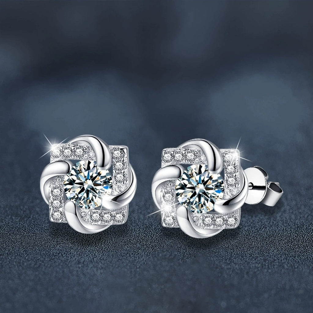 Rotating Pinwheel Round Moissanite Stud Earrings with CZ in White Gold-Plated S925 sterling silver product scene view showing side profile