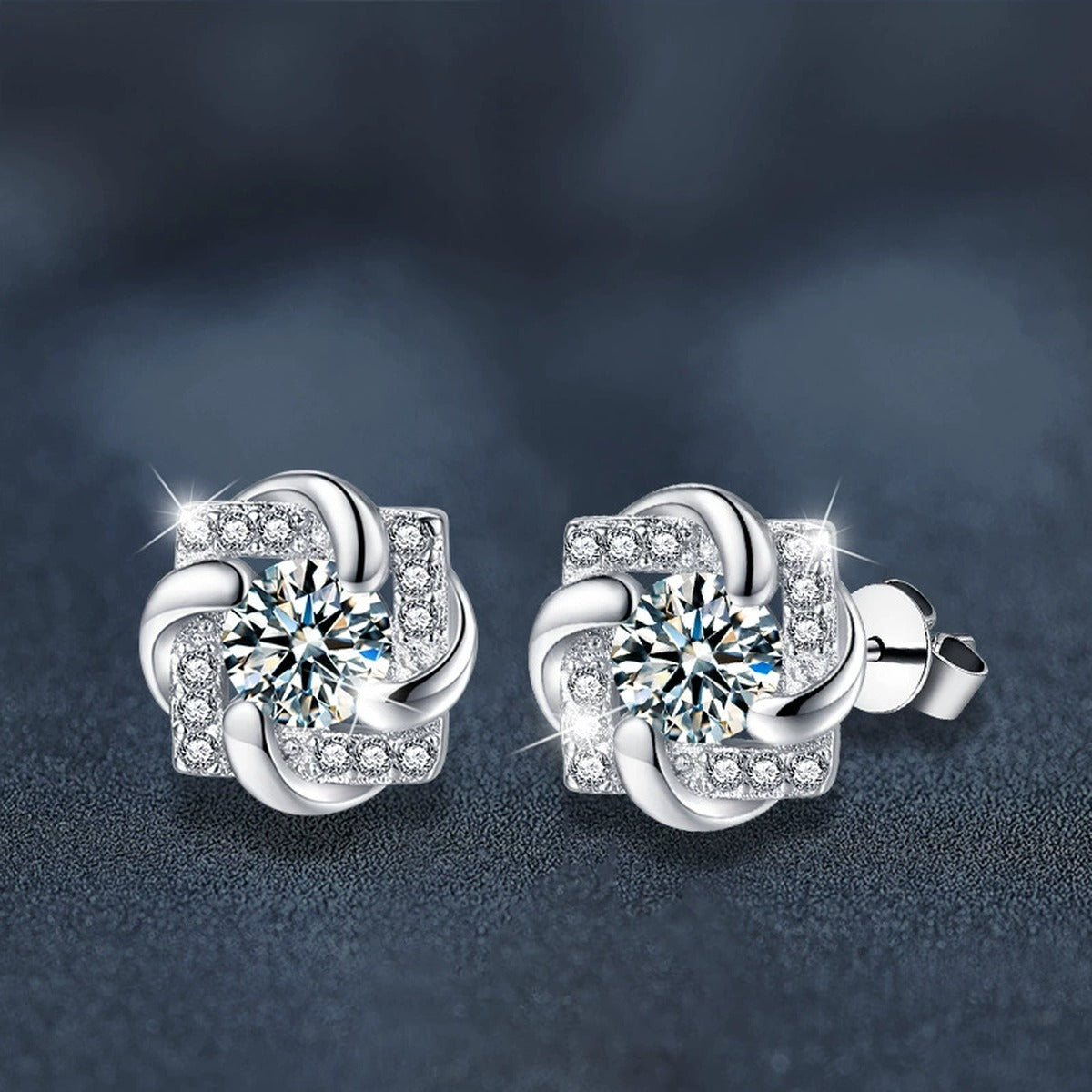 Rotating Pinwheel Round Moissanite Stud Earrings with CZ in White Gold-Plated S925 sterling silver product scene view showing side profile