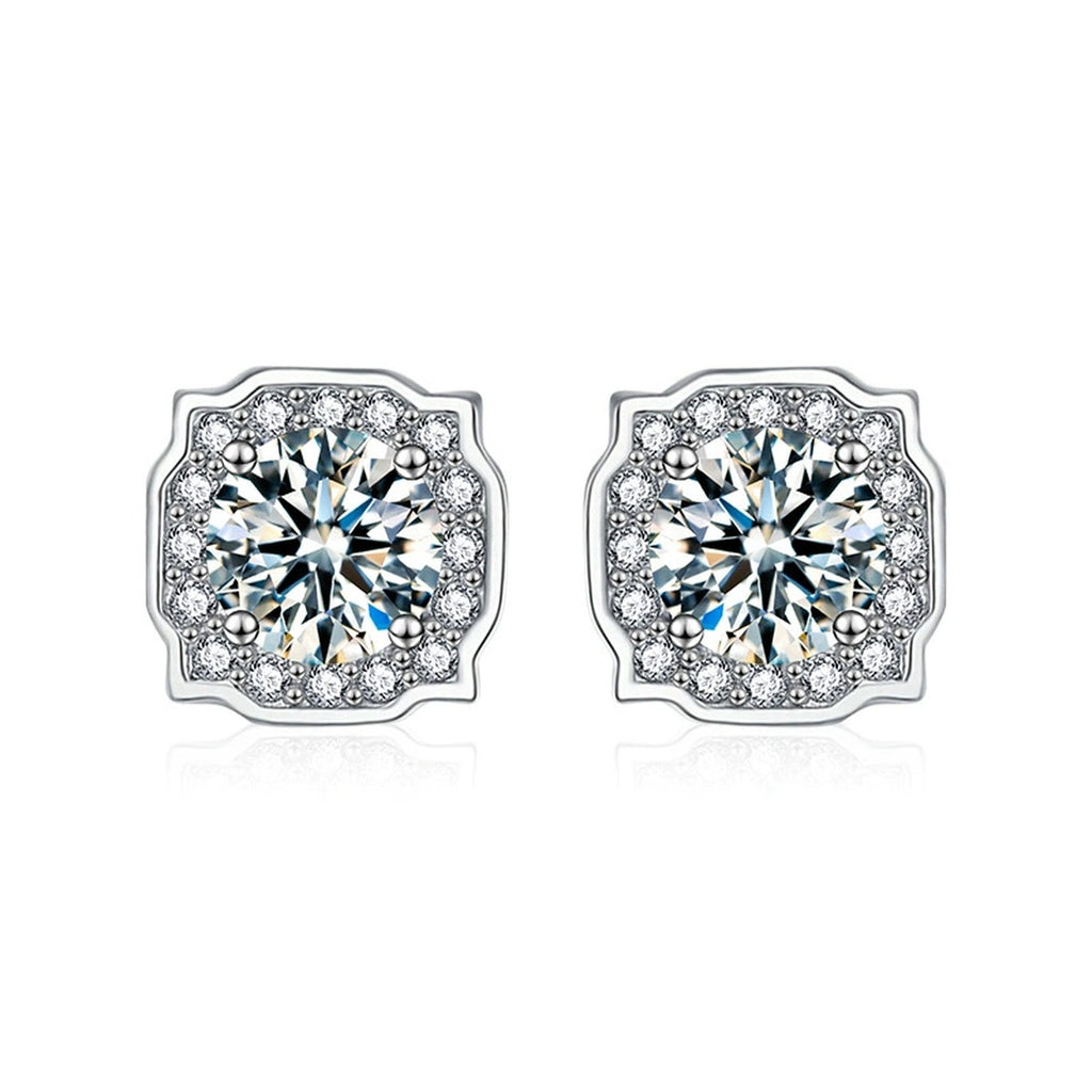 Cushion Halo Round Moissanite Stud Earrings with CZ in White Gold-Plated S925 sterling silver white background product photo showing the pair, stone shape, and stud earrings silhouette