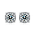 Cushion Halo Round Moissanite Stud Earrings with CZ in White Gold-Plated S925 sterling silver white background product photo showing the pair, stone shape, and stud earrings silhouette