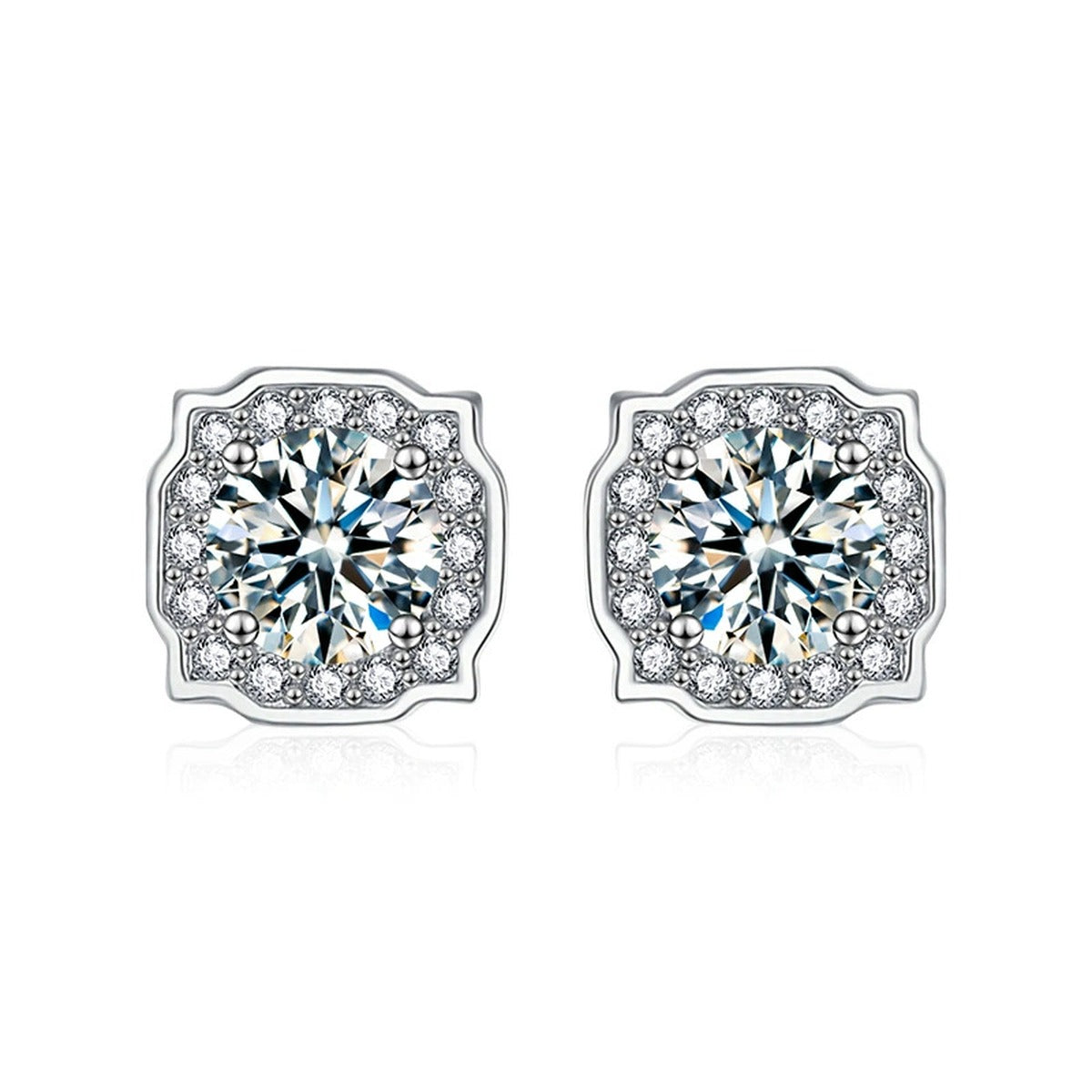 Cushion Halo Round Moissanite Stud Earrings with CZ in White Gold-Plated S925 sterling silver white background product photo showing the pair, stone shape, and stud earrings silhouette