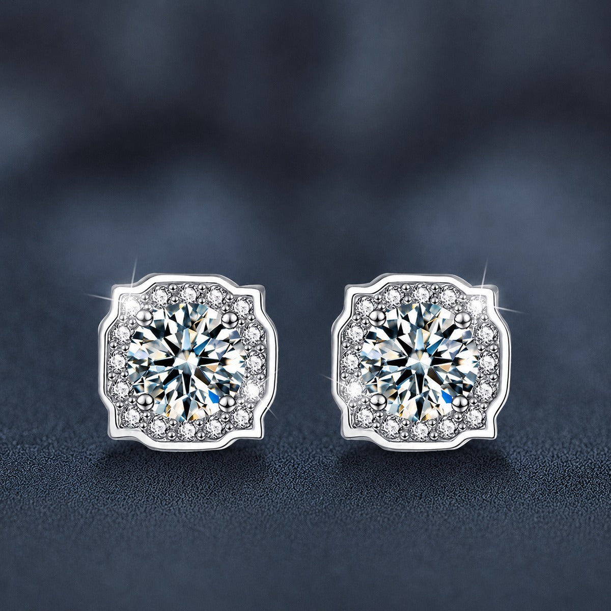 Cushion Halo Round Moissanite Stud Earrings with CZ in White Gold-Plated S925 sterling silver product scene view showing front sparkle