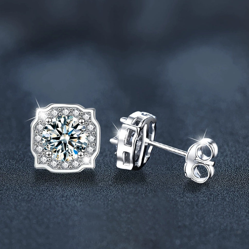 Cushion Halo Round Moissanite Stud Earrings with CZ in White Gold-Plated S925 sterling silver product scene view showing angled setting detail