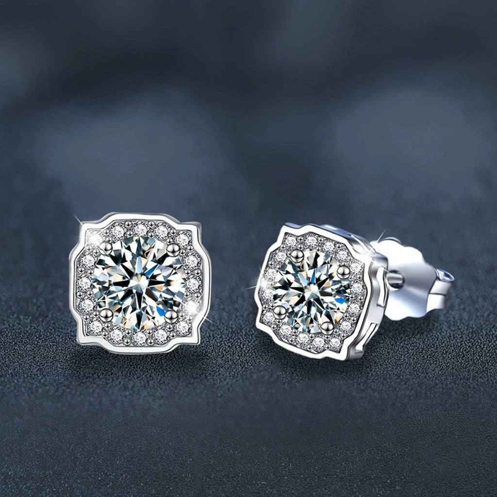 Cushion Halo Round Moissanite Stud Earrings with CZ in White Gold-Plated S925 sterling silver product scene view showing side profile