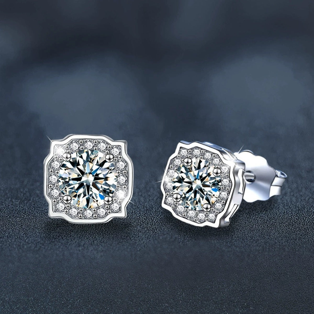 Cushion Halo Round Moissanite Stud Earrings with CZ in White Gold-Plated S925 sterling silver product scene view showing side profile
