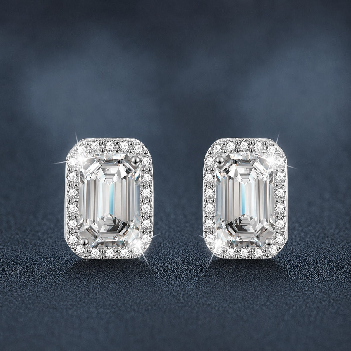 Emerald and Radiant Cut Moissanite Halo Stud Earrings with CZ in White Gold-Plated S925 sterling silver product scene view showing front sparkle