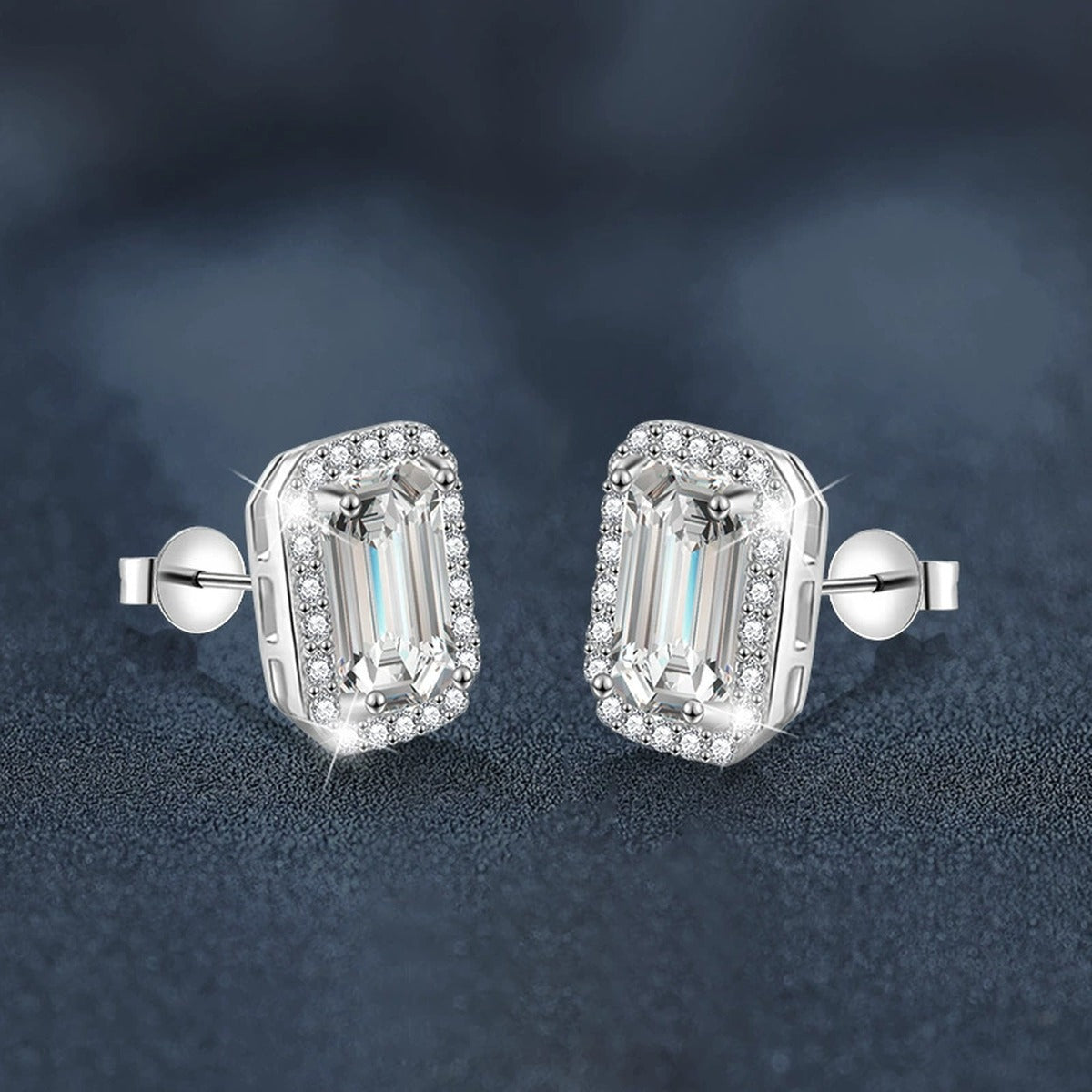 Emerald and Radiant Cut Moissanite Halo Stud Earrings with CZ in White Gold-Plated S925 sterling silver product scene view showing angled setting detail