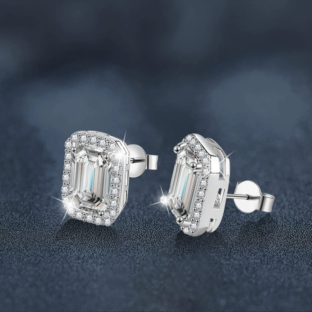 Emerald and Radiant Cut Moissanite Halo Stud Earrings with CZ in White Gold-Plated S925 sterling silver product scene view showing side profile