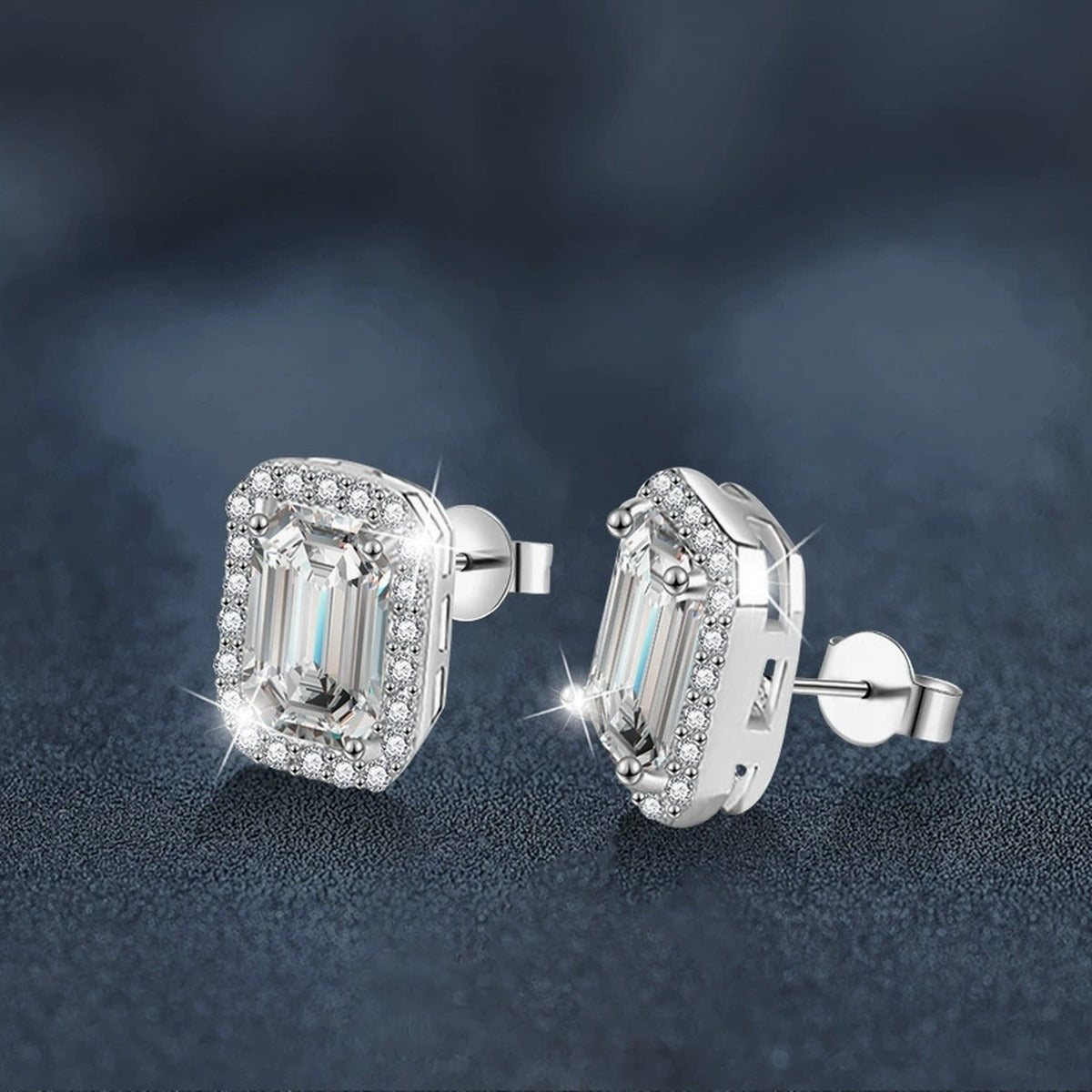 Emerald and Radiant Cut Moissanite Halo Stud Earrings with CZ in White Gold-Plated S925 sterling silver product scene view showing side profile