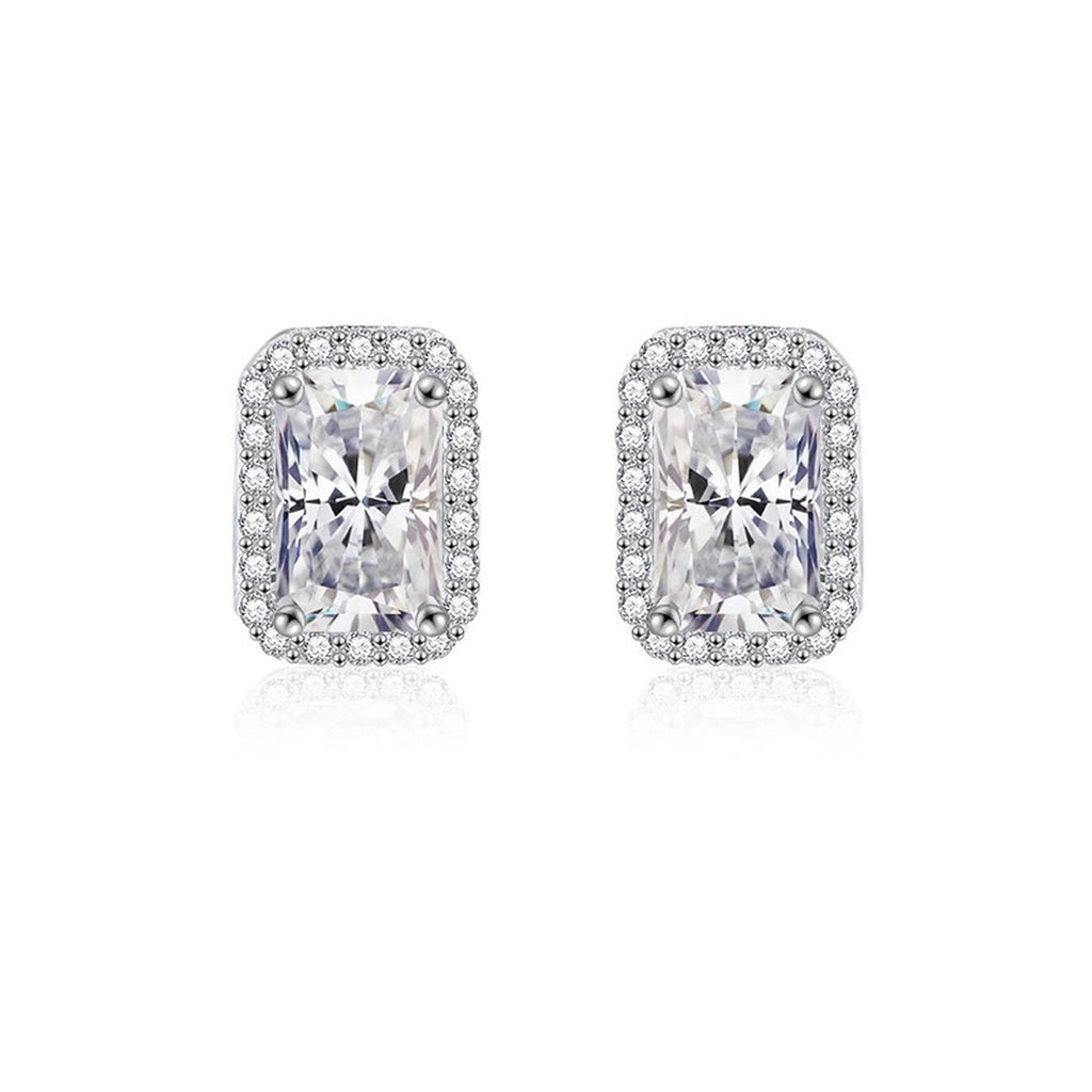Emerald and Radiant Cut Moissanite Halo Stud Earrings with CZ in White Gold-Plated S925 sterling silver product scene view showing pair comparison