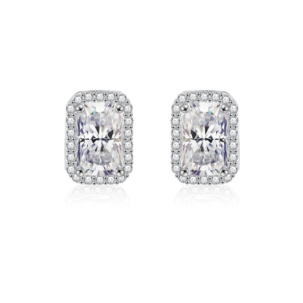Emerald and Radiant Cut Moissanite Halo Stud Earrings with CZ in White Gold-Plated S925 sterling silver product scene view showing pair comparison