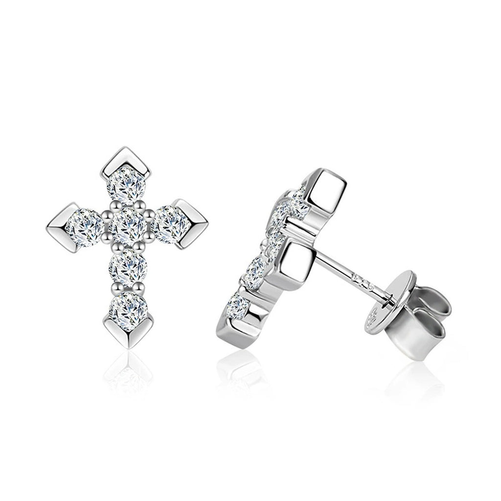 Cross Pave Round Moissanite Stud Earrings in White Gold-Plated S925 sterling silver white background product photo showing the pair, stone shape, and stud earrings silhouette