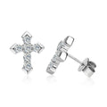 Cross Pave Round Moissanite Stud Earrings in White Gold-Plated S925 sterling silver white background product photo showing the pair, stone shape, and stud earrings silhouette