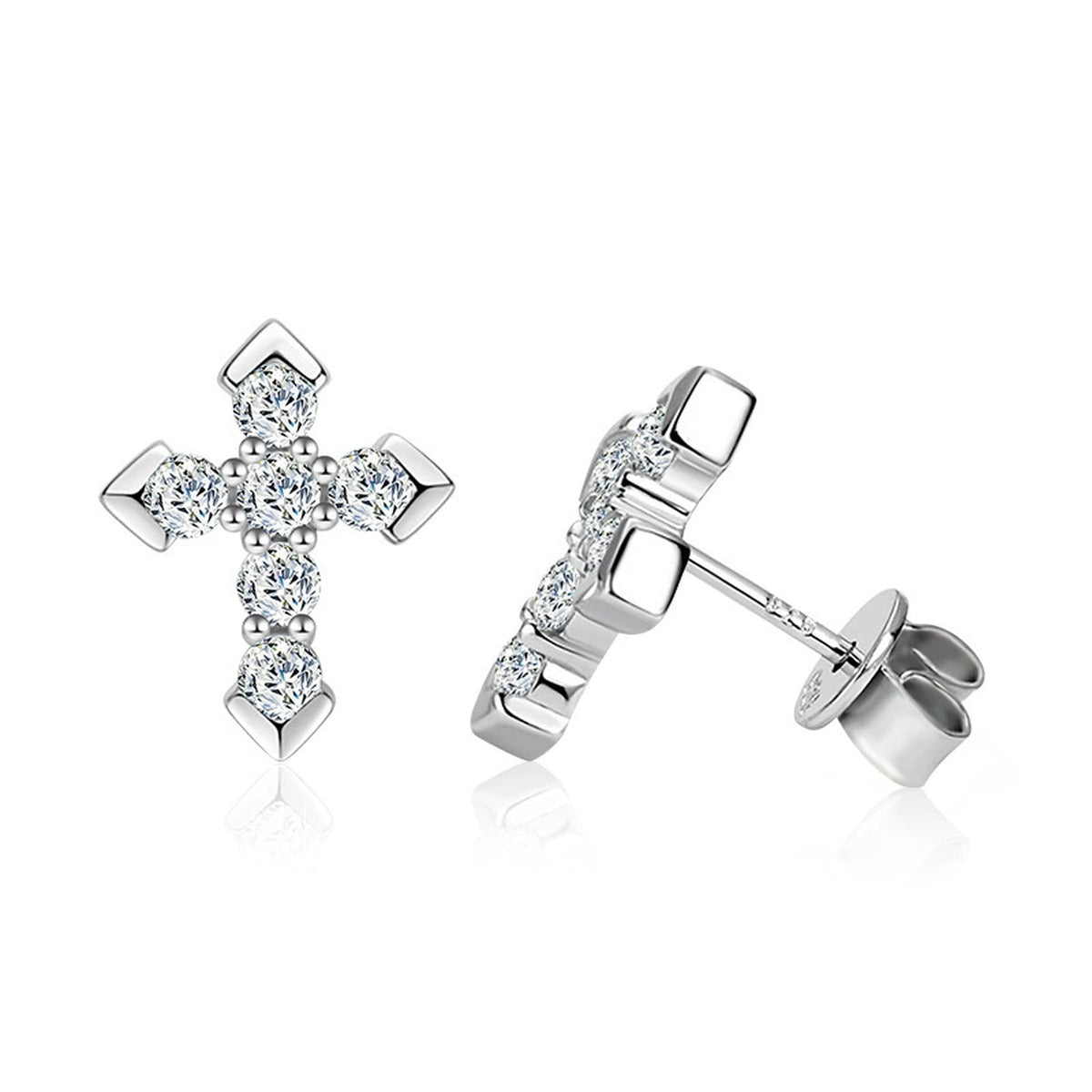 Cross Pave Round Moissanite Stud Earrings in White Gold-Plated S925 sterling silver white background product photo showing the pair, stone shape, and stud earrings silhouette