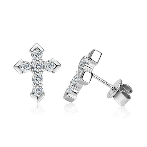 Cross Pave Round Moissanite Stud Earrings in White Gold-Plated S925 sterling silver white background product photo showing the pair, stone shape, and stud earrings silhouette