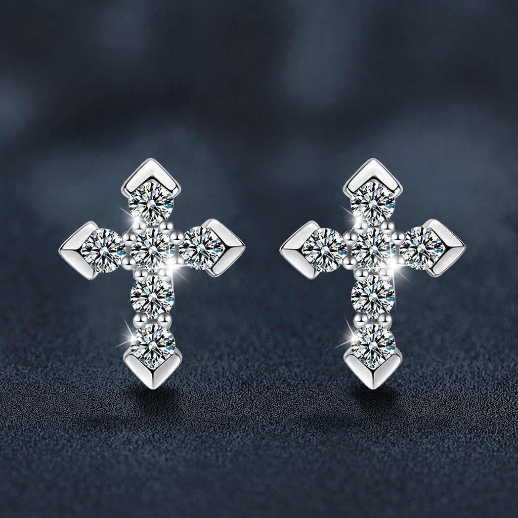 Cross Pave Round Moissanite Stud Earrings in White Gold-Plated S925 sterling silver product scene view showing front sparkle