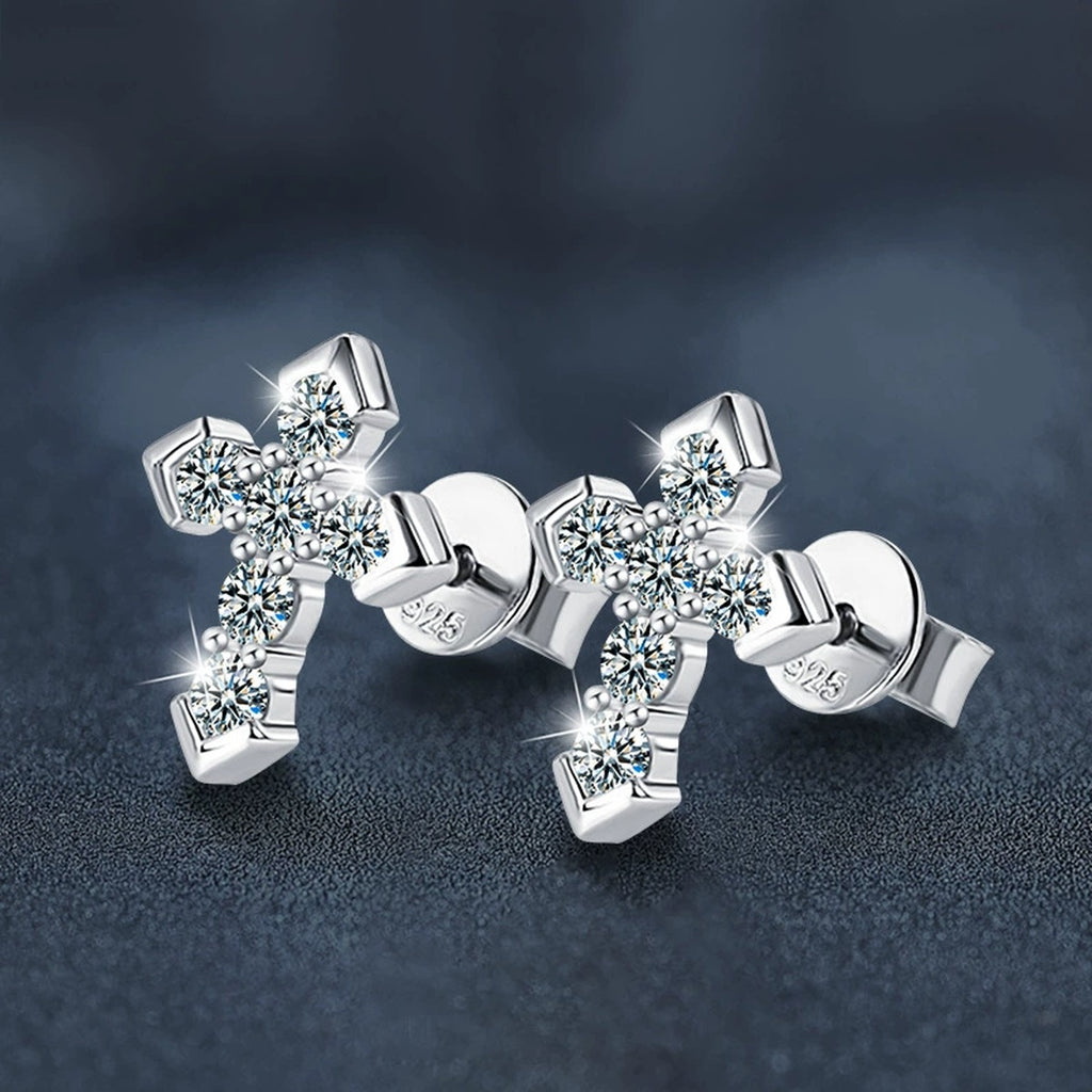 Cross Pave Round Moissanite Stud Earrings in White Gold-Plated S925 sterling silver product scene view showing angled setting detail