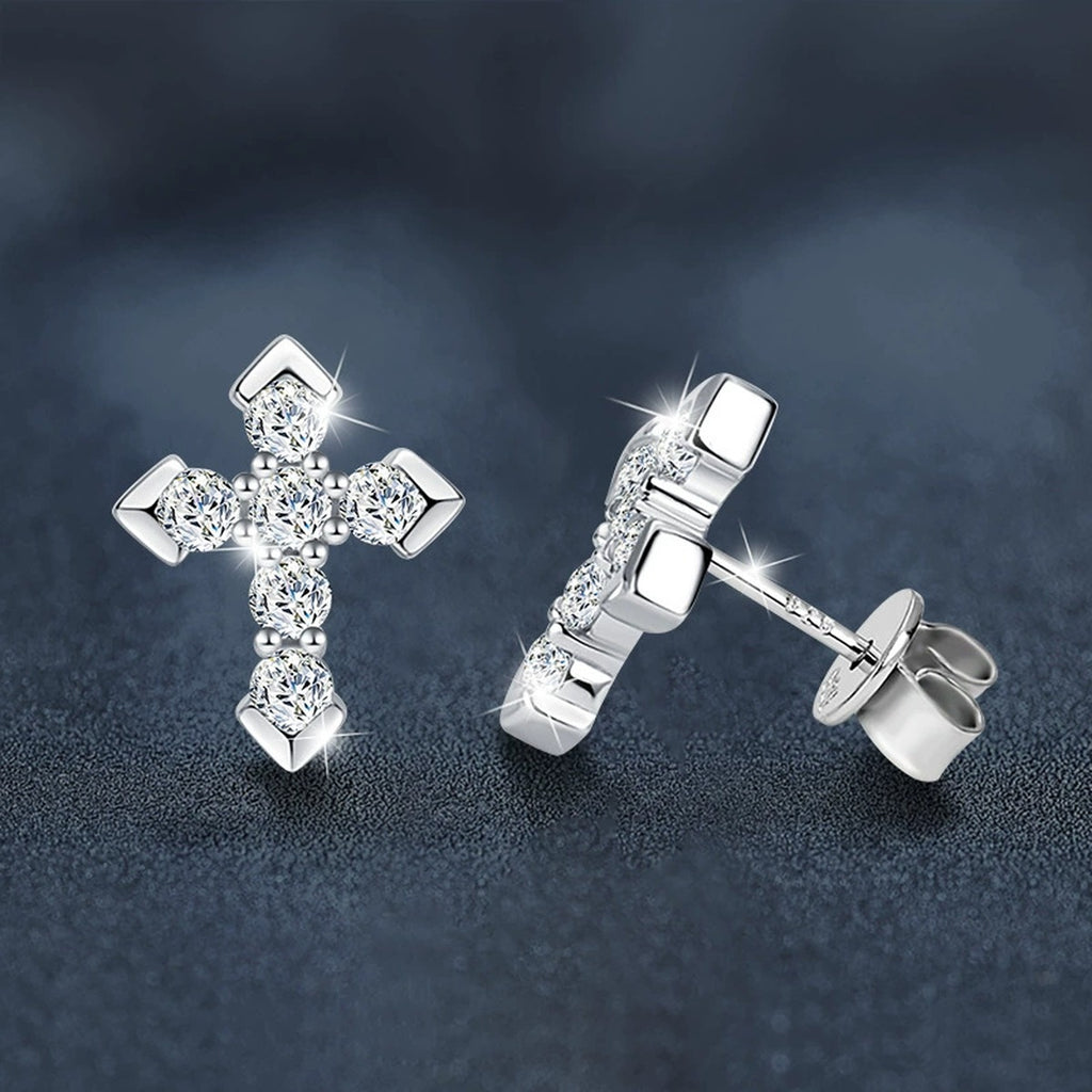 Cross Pave Round Moissanite Stud Earrings in White Gold-Plated S925 sterling silver product scene view showing side profile