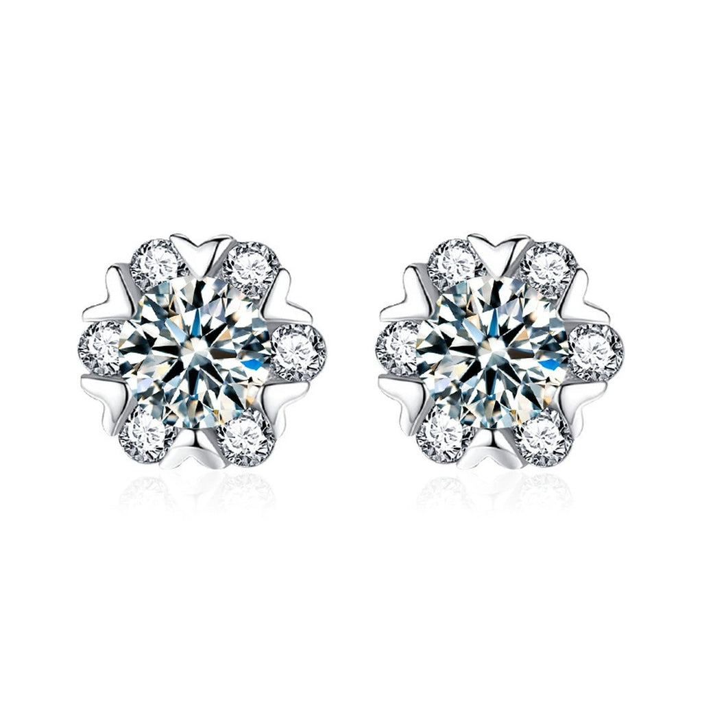 Snowflake Round Moissanite Stud Earrings with CZ in White Gold-Plated S925 sterling silver white background product photo showing the pair, stone shape, and stud earrings silhouette