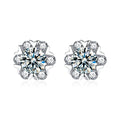 Snowflake Round Moissanite Stud Earrings with CZ in White Gold-Plated S925 sterling silver white background product photo showing the pair, stone shape, and stud earrings silhouette