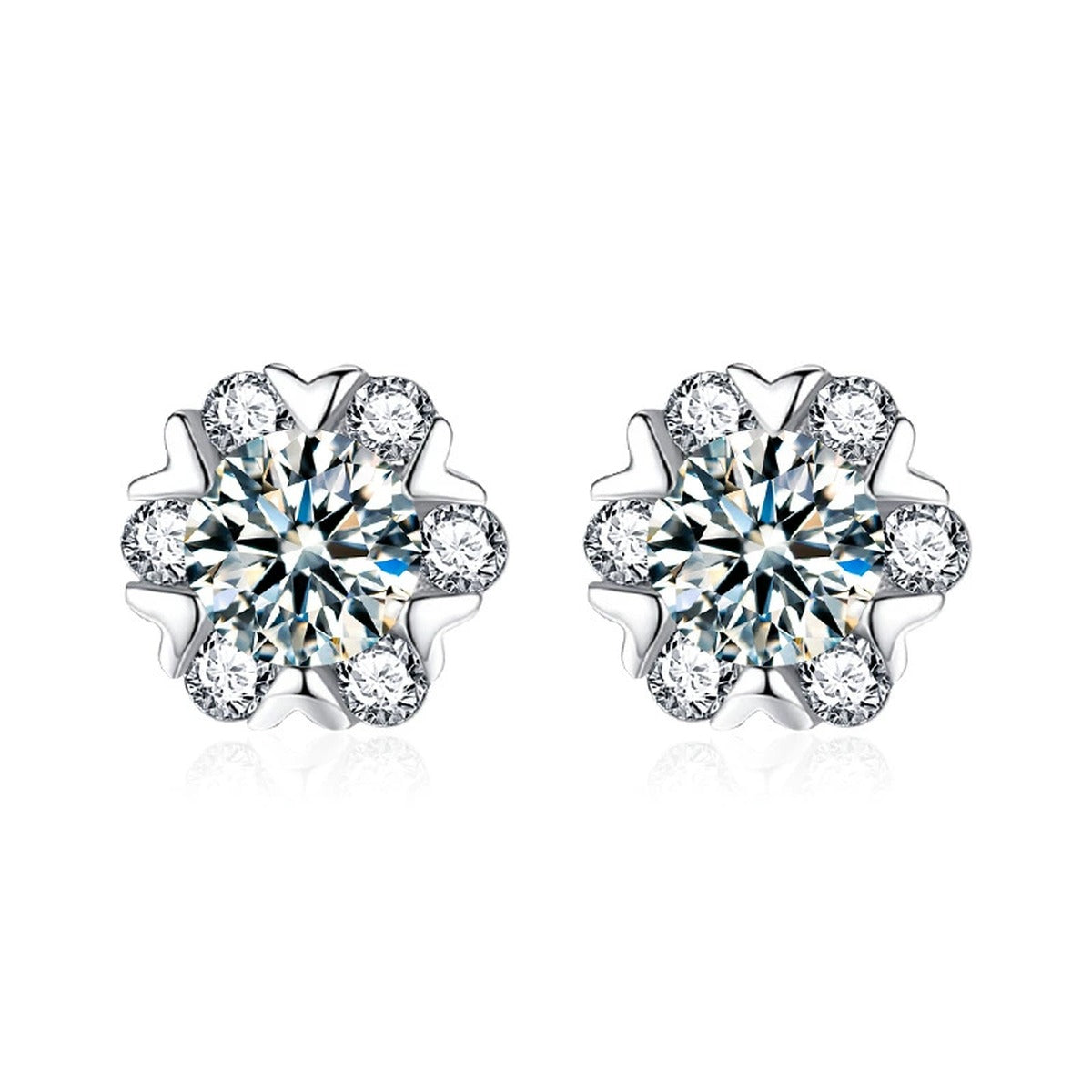 Snowflake Round Moissanite Stud Earrings with CZ in White Gold-Plated S925 sterling silver white background product photo showing the pair, stone shape, and stud earrings silhouette