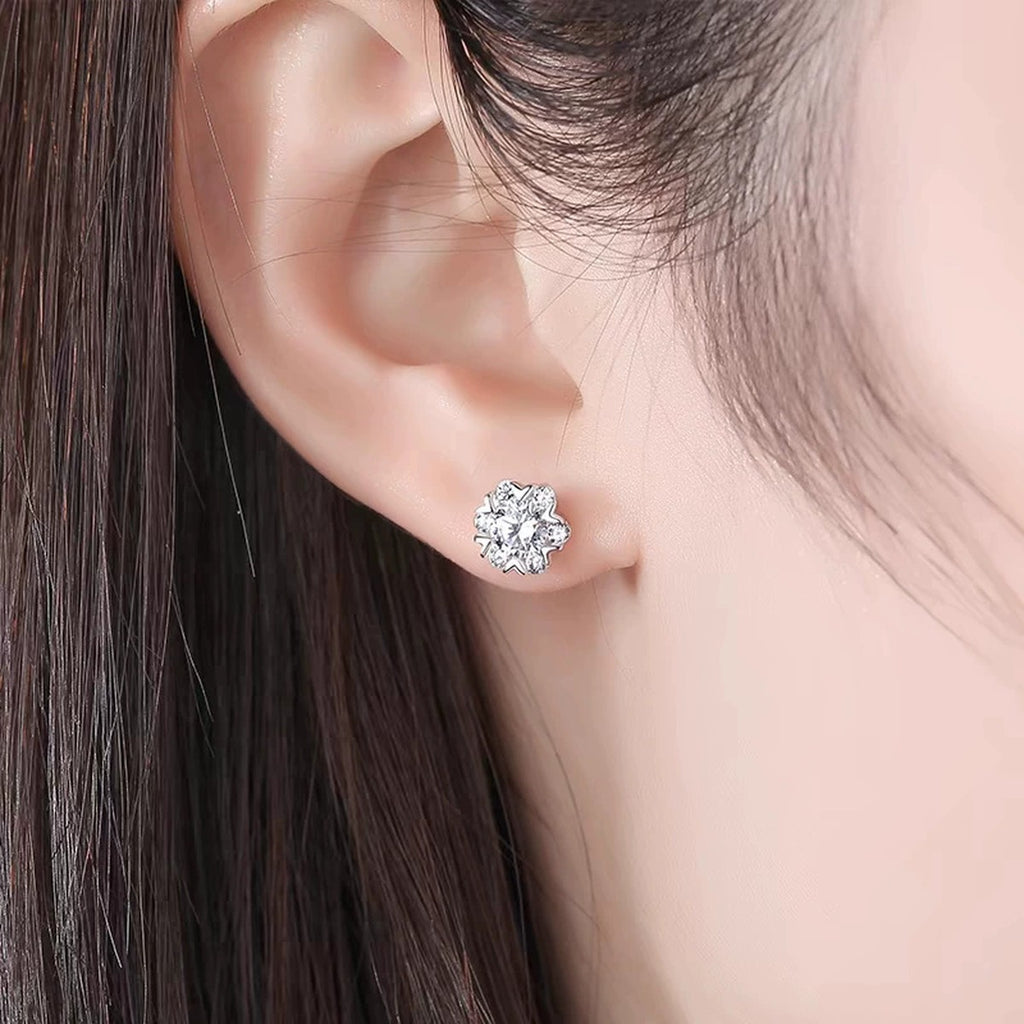 Snowflake Round Moissanite Stud Earrings with CZ in White Gold-Plated S925 sterling silver worn on ear by model showing scale, placement, and stud earrings styling