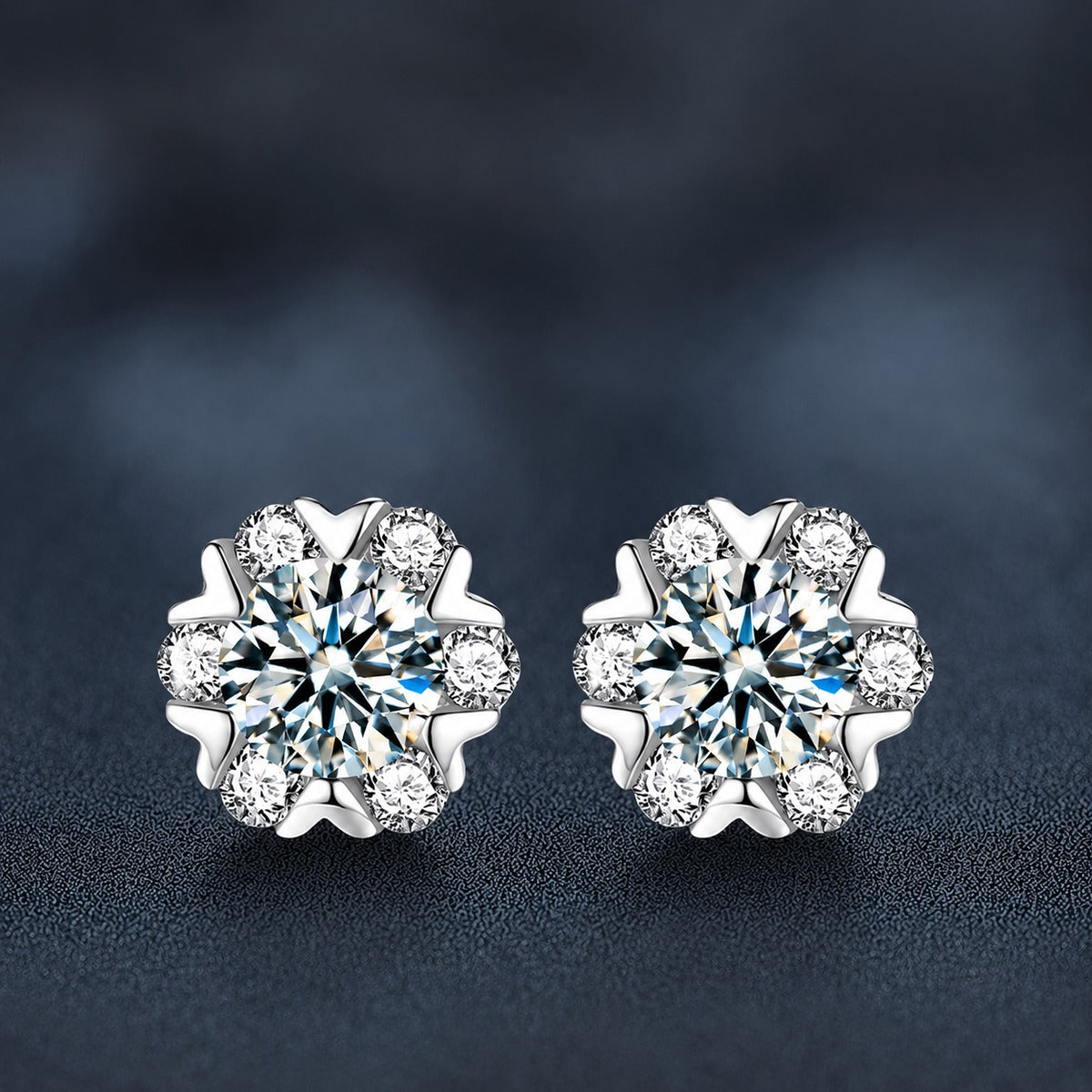 Snowflake Round Moissanite Stud Earrings with CZ in White Gold-Plated S925 sterling silver product scene view showing front sparkle