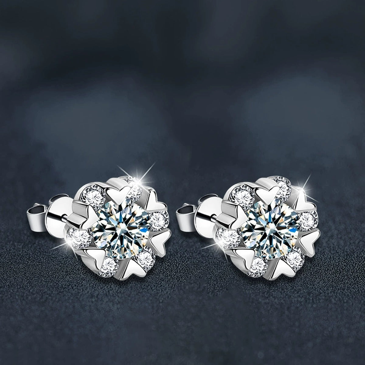 Snowflake Round Moissanite Stud Earrings with CZ in White Gold-Plated S925 sterling silver product scene view showing angled setting detail