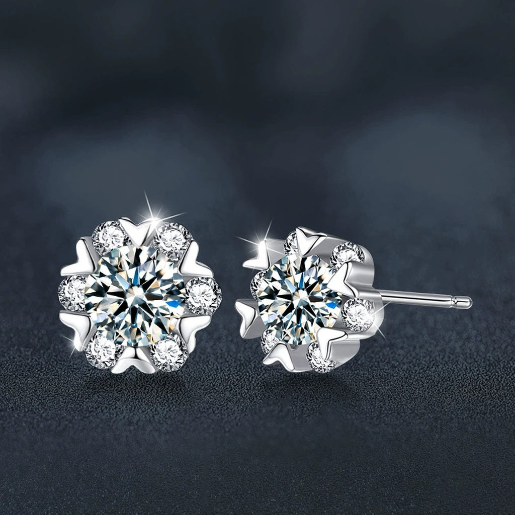 Snowflake Round Moissanite Stud Earrings with CZ in White Gold-Plated S925 sterling silver product scene view showing side profile