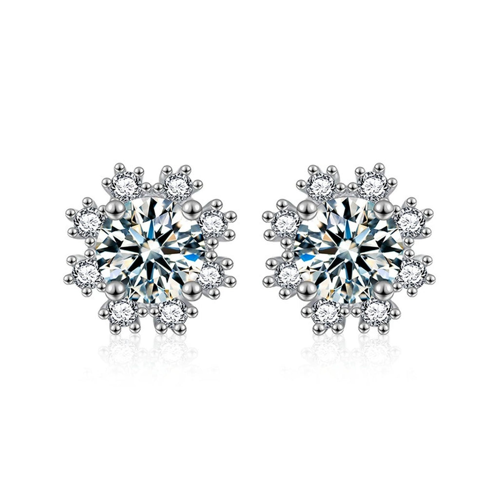 Snowflake Halo Round Moissanite Stud Earrings with CZ in White Gold-Plated S925 sterling silver white background product photo showing the pair, stone shape, and stud earrings silhouette