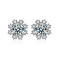 Snowflake Halo Round Moissanite Stud Earrings with CZ in White Gold-Plated S925 sterling silver white background product photo showing the pair, stone shape, and stud earrings silhouette