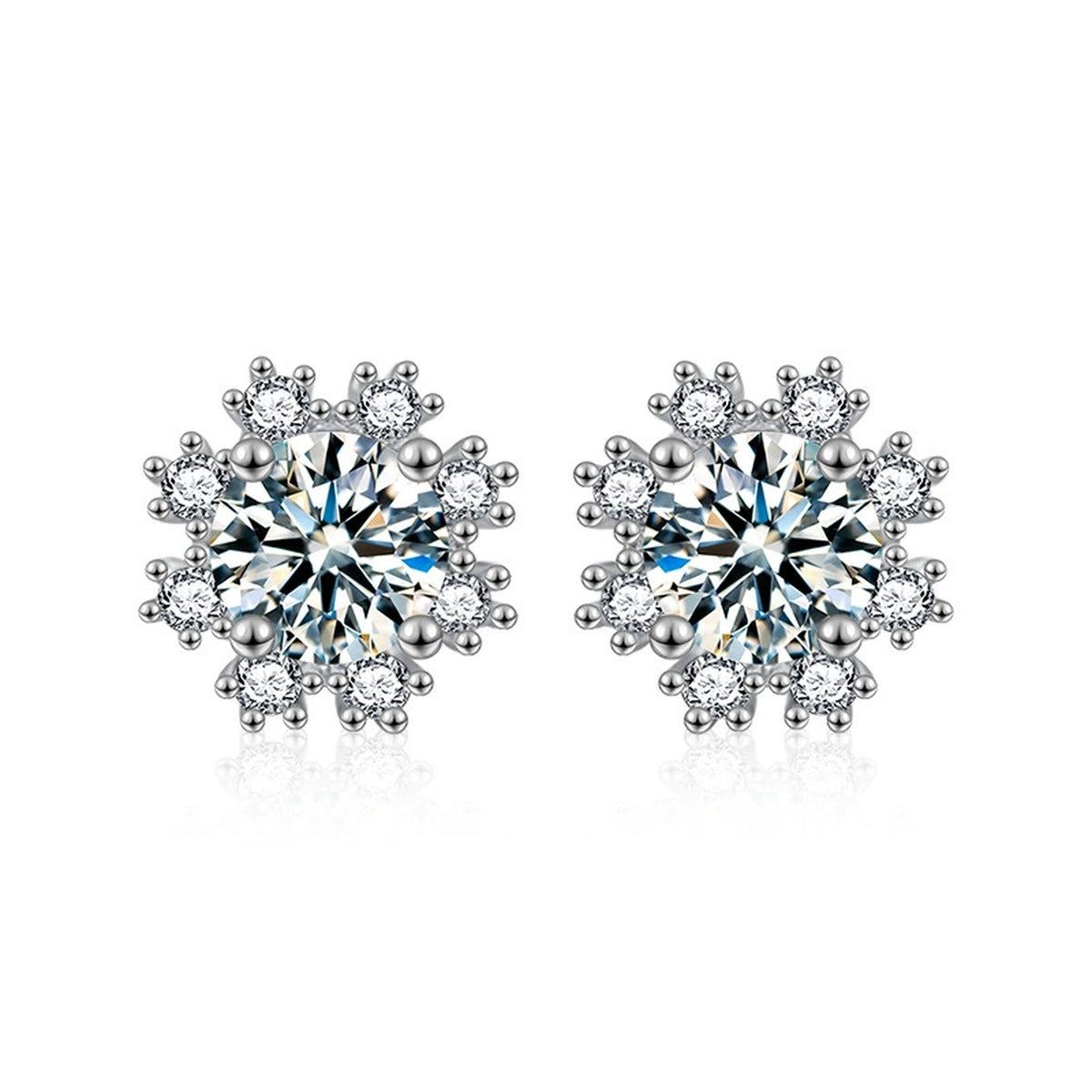 Snowflake Halo Round Moissanite Stud Earrings with CZ in White Gold-Plated S925 sterling silver white background product photo showing the pair, stone shape, and stud earrings silhouette
