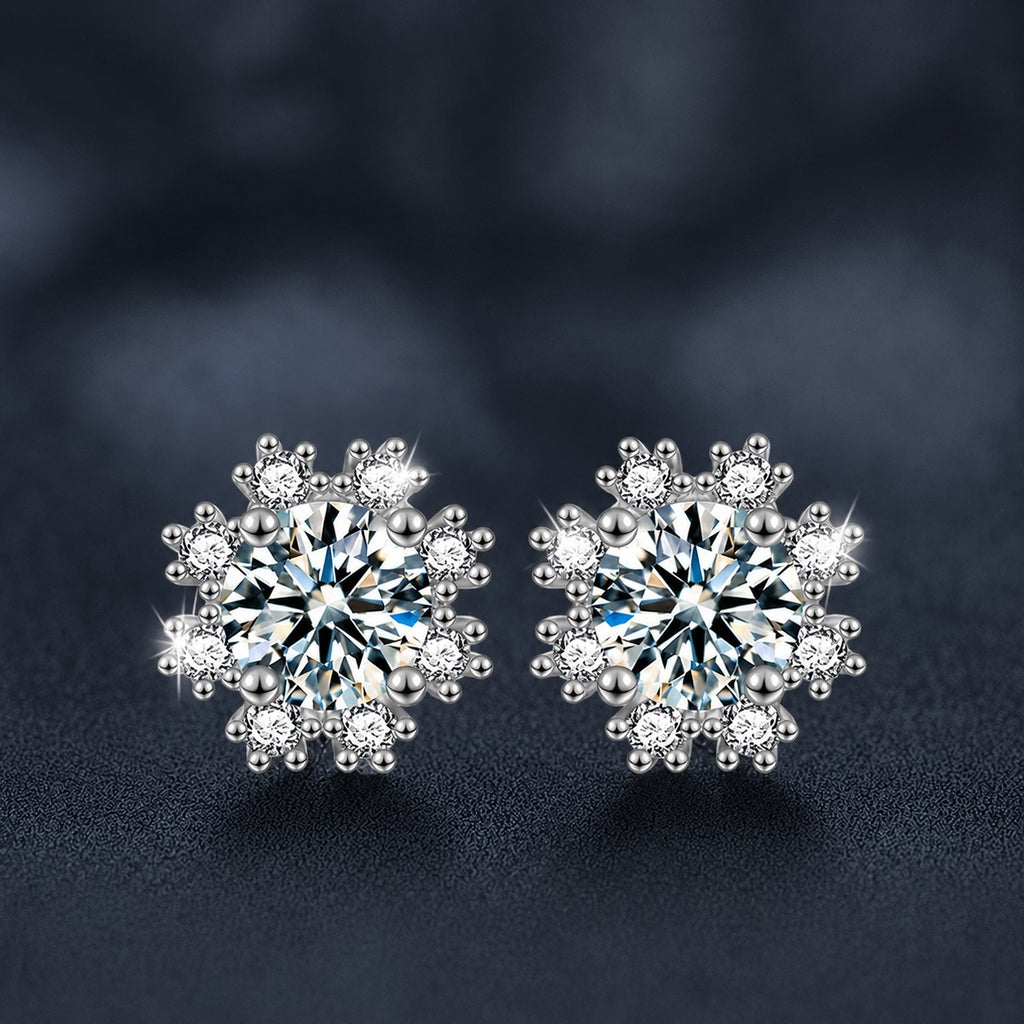 Snowflake Halo Round Moissanite Stud Earrings with CZ in White Gold-Plated S925 sterling silver product scene view showing front sparkle