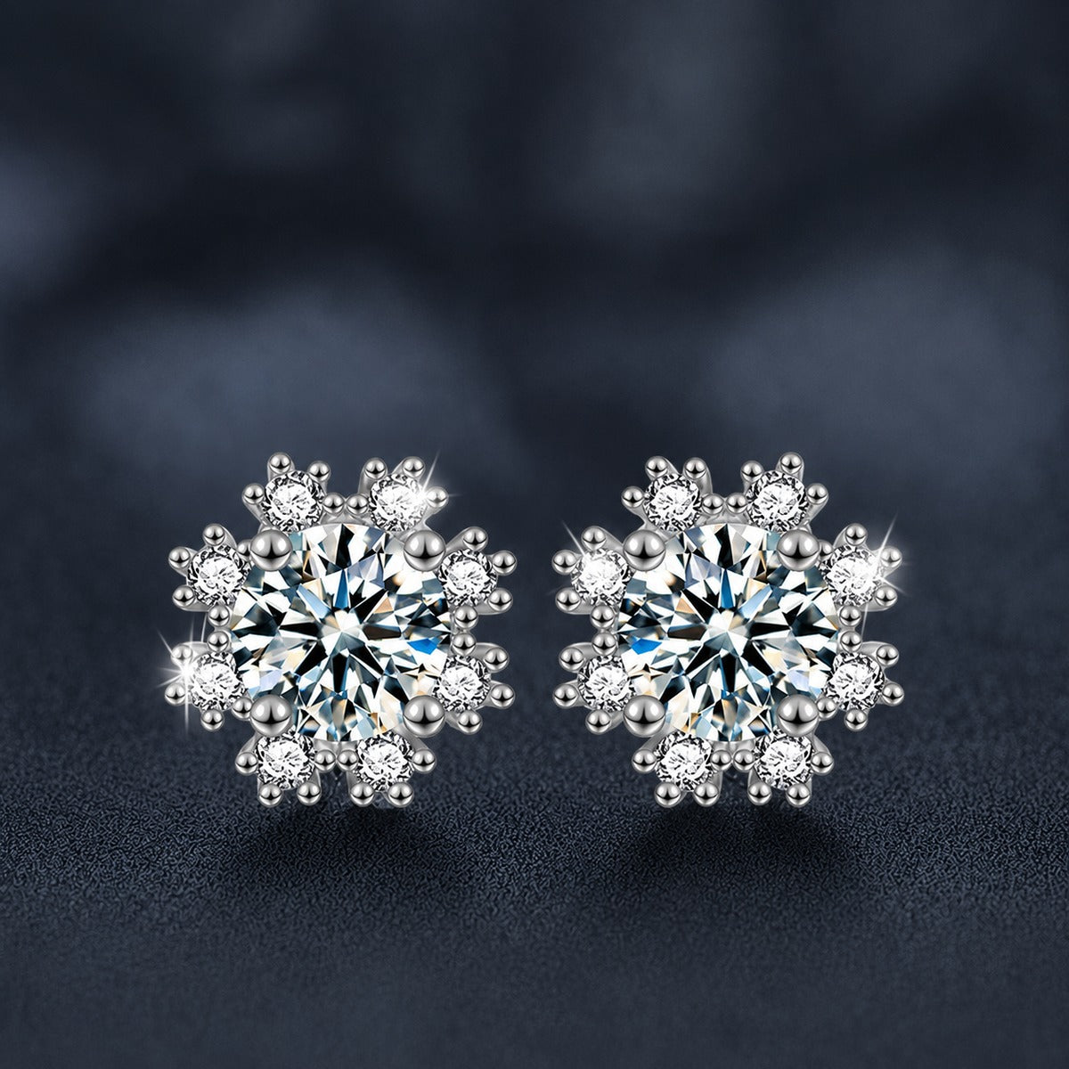 Snowflake Halo Round Moissanite Stud Earrings with CZ in White Gold-Plated S925 sterling silver product scene view showing front sparkle