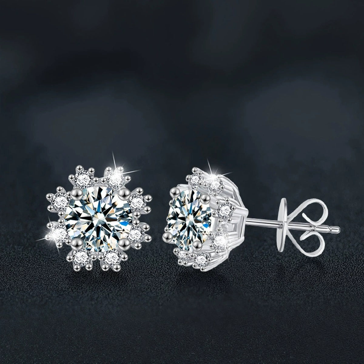 Snowflake Halo Round Moissanite Stud Earrings with CZ in White Gold-Plated S925 sterling silver product scene view showing angled setting detail