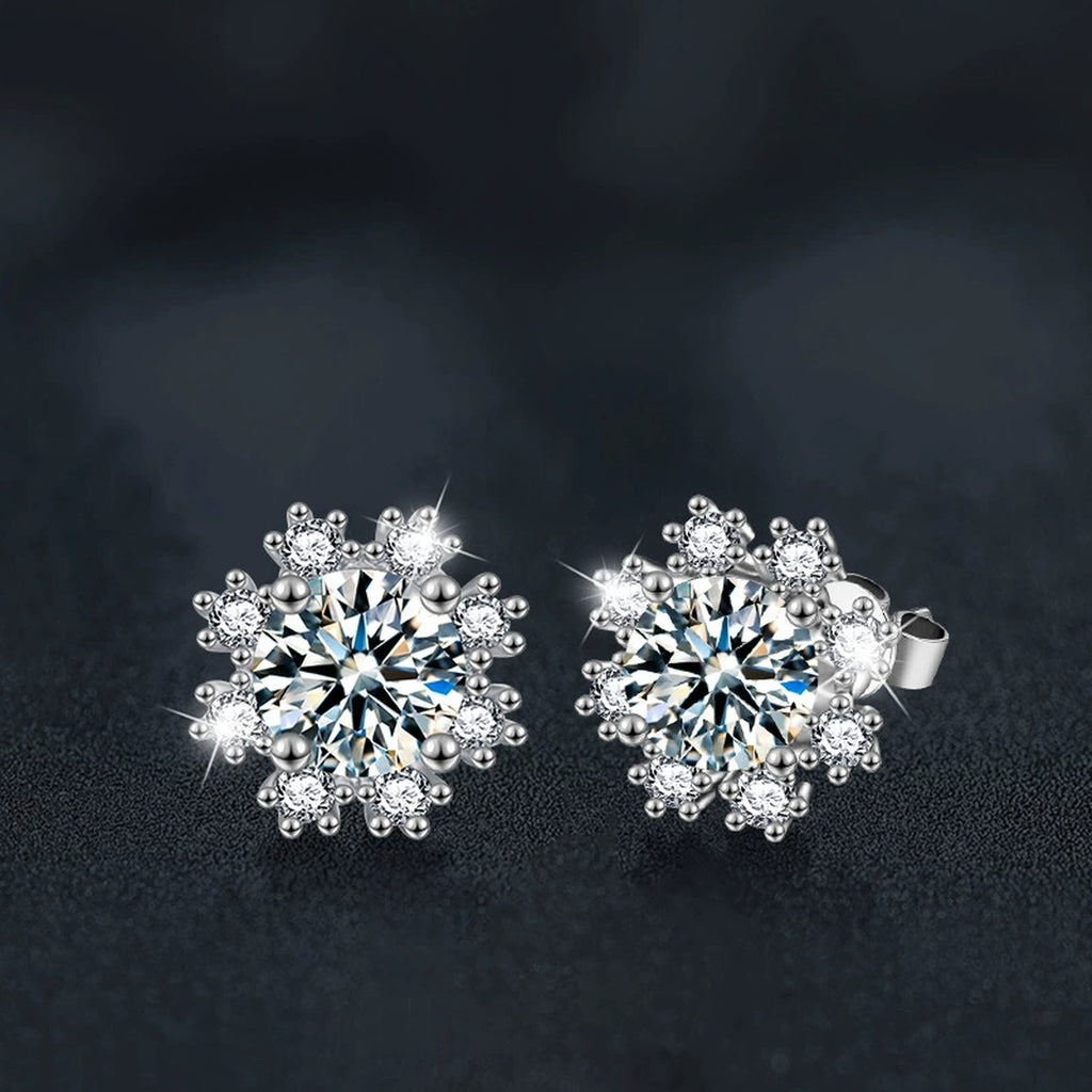 Snowflake Halo Round Moissanite Stud Earrings with CZ in White Gold-Plated S925 sterling silver product scene view showing side profile