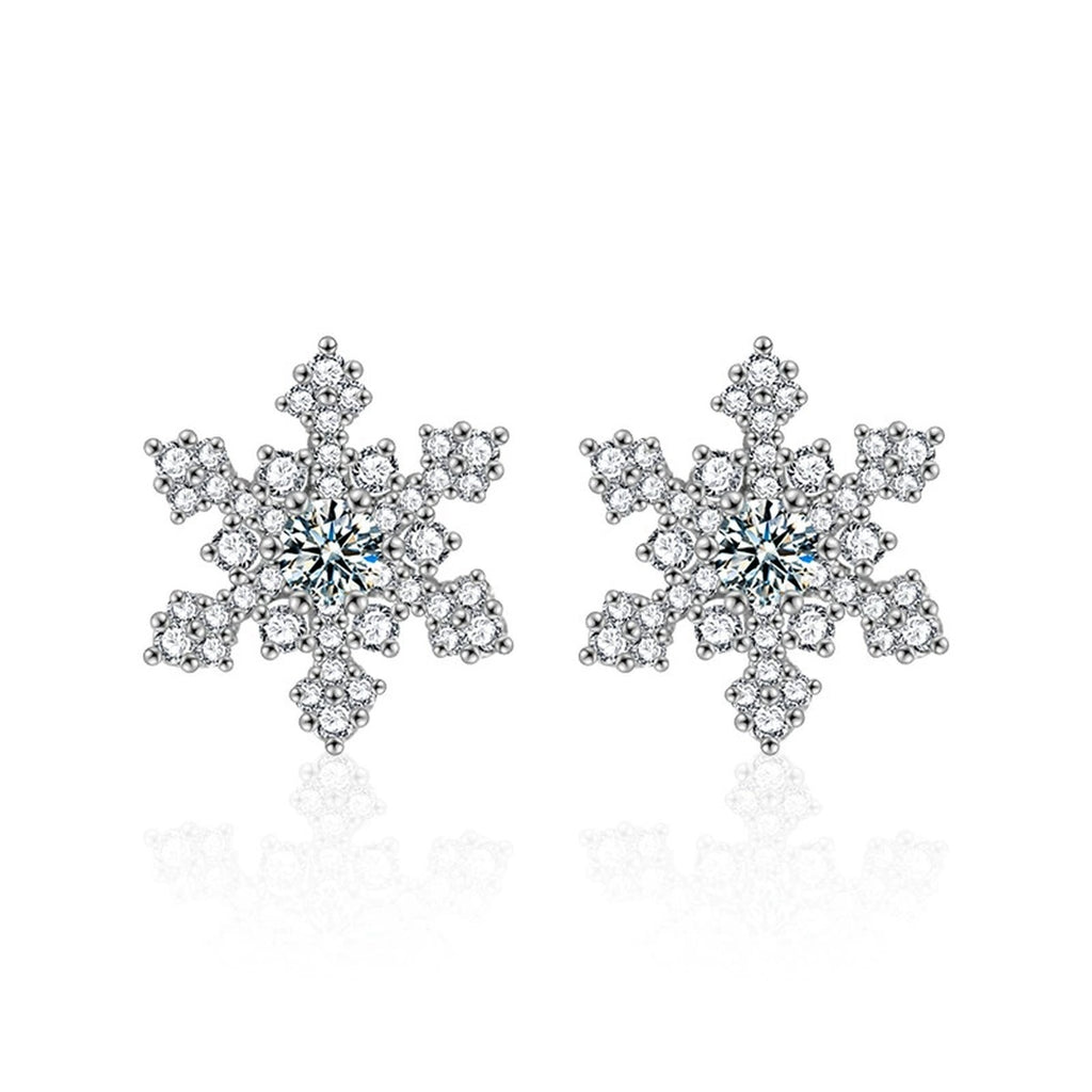 Snowflake Round Moissanite Stud Earrings with CZ in White Gold-Plated S925 sterling silver white background product photo showing the pair, stone shape, and stud earrings silhouette